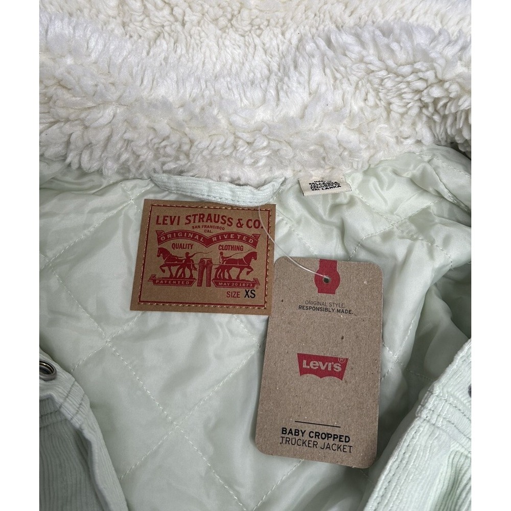 LEVIS Womens NEW Cropped Trucker Jacket Sherpa Collar Corduroy Xs Green Mint - Picture 2 of 10